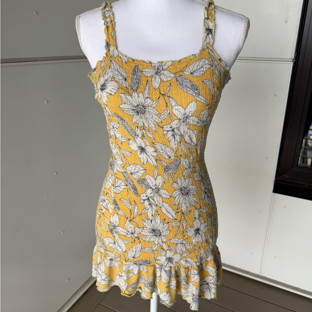 Floral Yellow and White Shirred Dress